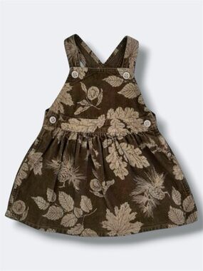 Baby Lulu Girls Jumper Dress 18M Olive Brown Corduroy Fall Leaf Pinecone Print